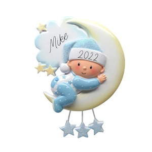 2025 Baby Boy Ornament Personalized - My First Christmas, Sleeping Moon, Blue New Holiday Gift