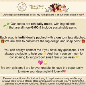 May include: Text on a cream-colored background reads "Mom & Twin Daughters" and "Glory Party." The text describes handmade, ethically made soaps with non-GMO ingredients and custom tags. It also mentions a small family business.