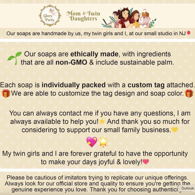 May include: Text on a cream-colored background reads "Mom & Twin Daughters" and "Glory Party." The text describes handmade, ethically made soaps with non-GMO ingredients and custom tags. It also mentions a small family business.
