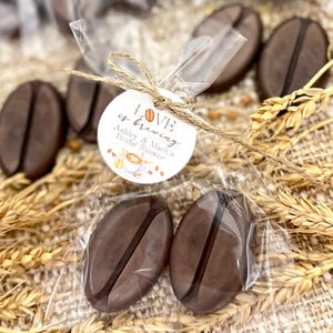 May include: Two brown coffee bean shaped soaps in a clear plastic bag tied with twine and a white circle tag that says "Love is brewing Ashley & Mark's Bridal Shower".