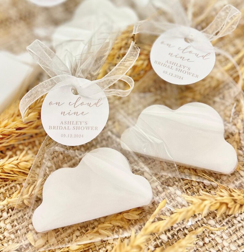 May include: White cloud-shaped favors with a round tag that says "on cloud nine" Ashley's Bridal Shower 09.12.2024.