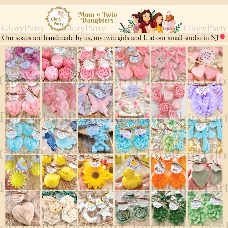 May include: Assortment of small, colorful, handmade soaps in various shapes and designs, including flowers, animals, and religious symbols. The soaps are packaged in clear cellophane bags with a small tag attached. The text on the tag reads "Mom & Twin Daughters".