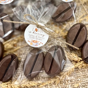 May include: Brown coffee bean shaped favors in clear cellophane bags tied with twine and a round tag that says "Love is brewing Ashley & Mark's Bridal Shower".