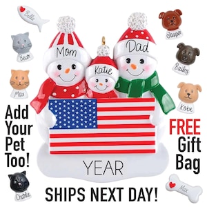 2025 Family Ornament - Personalized Gift with American Flag, Couple or Family of 3 4 with Pets, Patriotic Christmas Gift Stocking Tree Decor