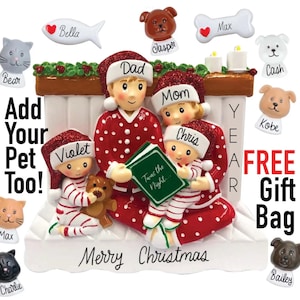Family Christmas Ornament - 2025 Family of 3 4 5 Ornament with Pet Dog Personalized People Pajama Family, PJ Family Reading Story Kid Child