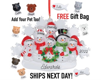 2023 Family Christmas Ornament Personalized - Snowman Family 2 3 4 5 6 Parents Kid Pet Dog Cat Fish Custom Tree Decor Keepsake with Gift Bag