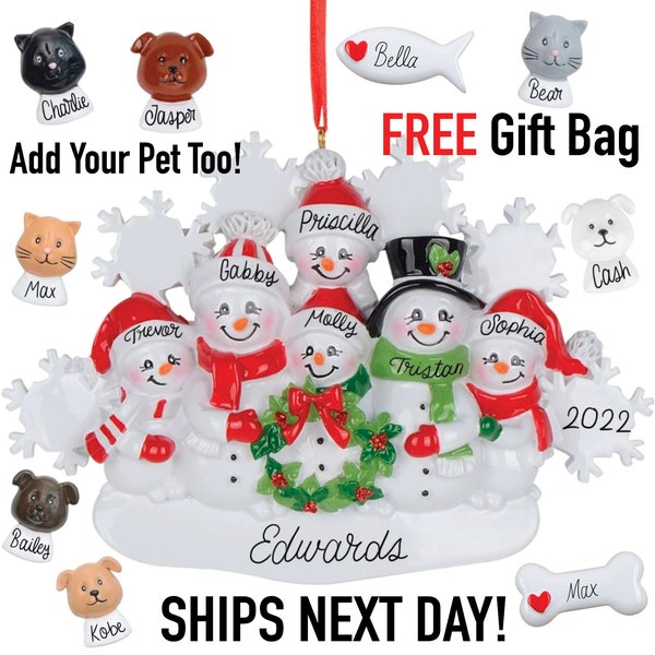 2023 Family Christmas Ornament Personalized - Snowman Family 2 3 4 5 6 Parents Kid Pet Dog Cat Fish Custom Tree Decor Keepsake with Gift Bag