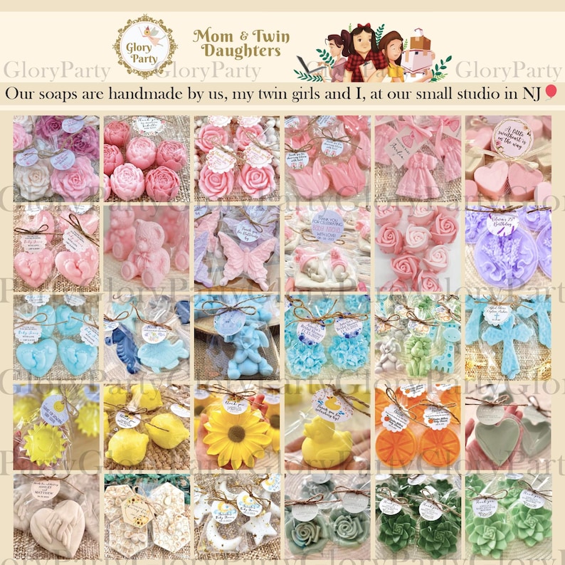 May include: A collection of 36 small, colorful, handmade soaps in various shapes and designs, including flowers, butterflies, animals, and geometric patterns. The soaps are packaged individually in clear cellophane bags with a brown ribbon tied around them. The soaps are arranged in a grid pattern on a white background. The text "Mom & Twin Daughters" is at the top of the image.