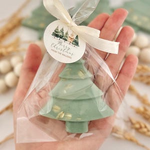May include: A green, tree-shaped soap bar with visible oats, packaged in clear cellophane and tied with a cream ribbon. A round tag with a forest illustration and the text "Merry Christmas From The Walkers" is attached.