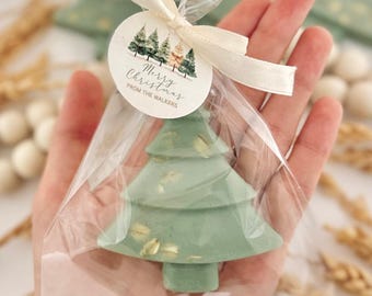Honey Oatmeal Christmas Tree Soaps - Handmade Gifts, Sage Green, Bulk Coworker Party Stocking Stuffers