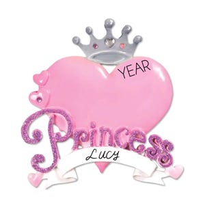 Pink Princess Christmas Ornament - Kids Toddler Girl Gift Ornament, Custom 2025 Personalized Gift for Girl, Heart Tierra Crown Girl Ornament