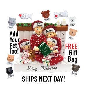 Family Christmas Ornament - 2025 Family of 3 4 5 Ornament with Pet Dog Personalized People Pajama Family, PJ Family Reading Story Kid Child