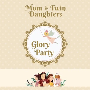 May include: A light brown background with a gold ornate circle containing a cartoon fairy with a wand and the text "Glory Party". Below the circle is a white banner with a group of three women holding packages and a laptop.