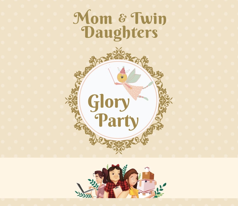 May include: A light brown background with a gold ornate circle containing a cartoon fairy with a wand and the text "Glory Party". Below the circle is a white banner with a group of three women holding packages and a laptop.