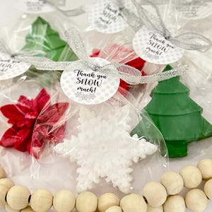 May include: Assortment of small, white, green, and red Christmas-themed soap favors in clear cellophane bags tied with silver ribbon. Each bag includes a small tag that reads "Thank you SNOW much!"