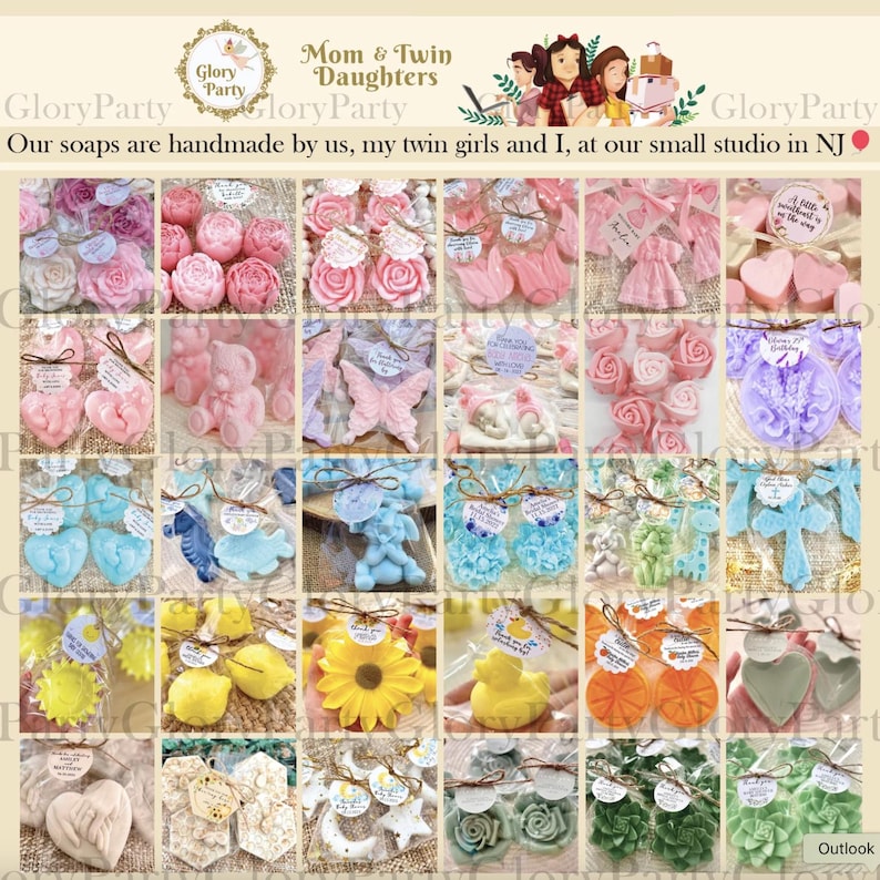 May include: A collection of handmade soaps in various shapes and colors, including roses, teddy bears, butterflies, and hearts. The soaps are packaged and labeled, with the text "Mom & Twin Daughters" and "Glory Party".