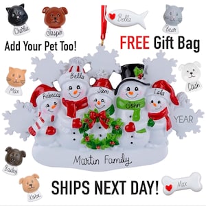 2025 Family Christmas Ornament Personalized - Snowman Family 2 3 4 5 6 Parents Kid Pet Dog Cat Fish Custom Tree Decor Keepsake with Gift Bag