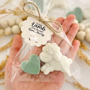 May include: A clear cellophane bag tied with twine, containing a white lamb-shaped soap and a green heart-shaped soap. A tag with the text "A little Lamb is on the way! Love, Avery" is attached.