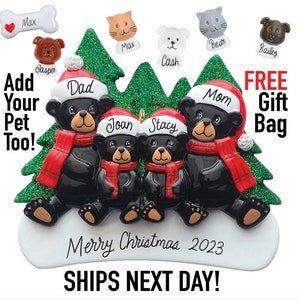 Personalized Family Christmas Ornament - NEW 2023 Black Bear Custom Family Ornament, Add Pets Dog Cat, Gift Christmas Tree Decoration Gift
