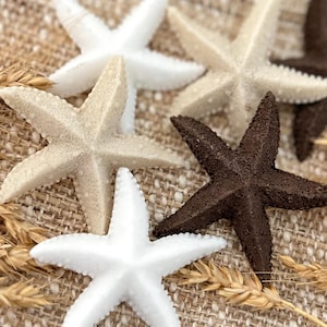 May include: Five starfish of various sizes and colors, including white, beige, and brown, are arranged on a woven burlap background. The starfish are a popular beach decor item.