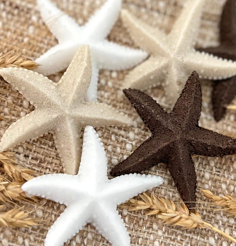May include: Five starfish of various sizes and colors, including white, beige, and brown, are arranged on a woven burlap background. The starfish are a popular beach decor item.