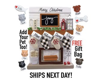 Personalized Christmas Ornament - 2025 Large Family with Pet Dog Cat Fireplace Mantle Grandkids Tree Home Stocking Stuffer Gift Custom Decor
