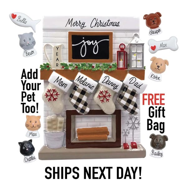Personalized Christmas Ornament - 2025 Large Family with Pet Dog Cat Fireplace Mantle Grandkids Tree Home Stocking Stuffer Gift Custom Decor