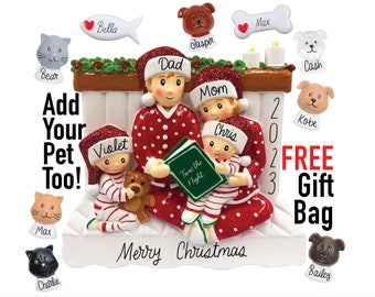 Family Christmas Ornament - 2023 Family of 3 4 5 Ornament with Pet Dog Personalized People Pajama Family, PJ Family Reading Story Kid Child