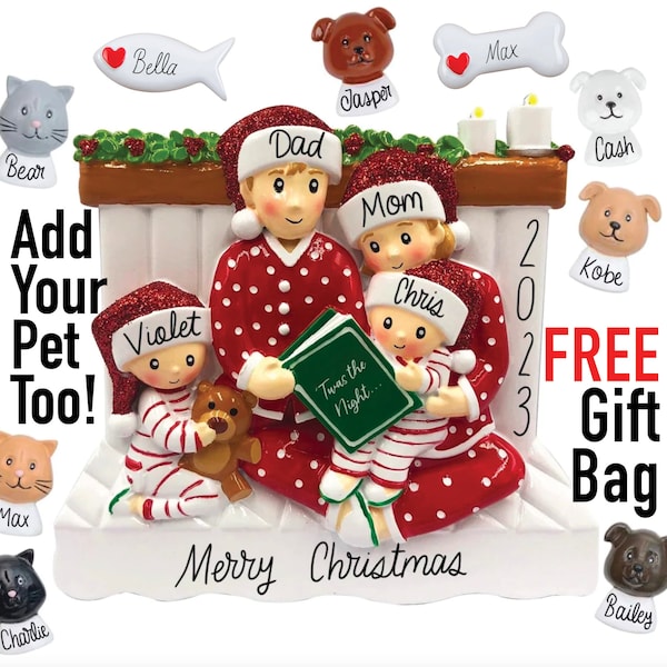 Family Christmas Ornament - 2023 Family of 3 4 5 Ornament with Pet Dog Personalized People Pajama Family, PJ Family Reading Story Kid Child