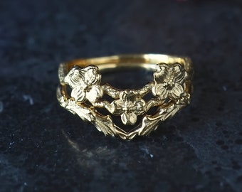 Dogwood Flower on Curved Branch Stacking Ring Available in Sterling Silver or Solid Gold