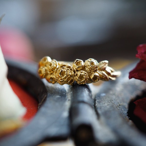 Mini Blossoming Peonies Bouquet Ring in Sterling Silver or Solid Gold