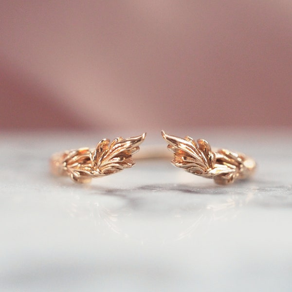 Bark Branch and Woodland Leaf Wreath Contour Crown Wedding Stack Ring in Brass Sterling Silver 10K or 14K Solid Gold