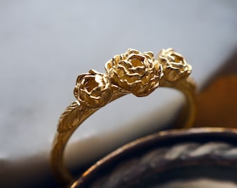 Three Full Bloomed Peony Stack Ring in Sterling Silver or Solid Gold