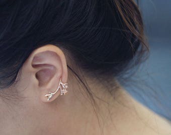 READY TO SHIP Nature Inspired Tea Leaves Ear Climber in Bronze Brass Sterling Silver or 10K 14K Solid Gold