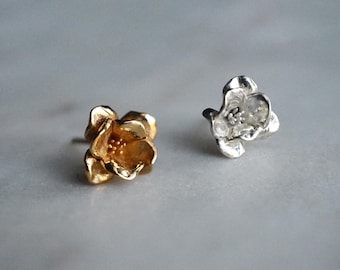 Sculptural Miniature Magnolia Blossom Earring in Sterling Silver or Solid Gold
