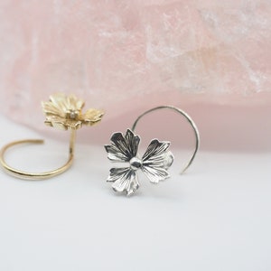 Three Petal Floral Backless Loop Sleeper Stud Earring in Silver or Solid 14K Gold with or without Gemstone - Trillium Earring