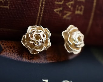 Sculpted Peony in Bloom Stud Earring in Sterling Silver or Solid Gold