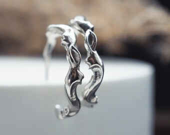 Ocean Waves Huggie Hoop Earrings in Sterling Silver Or Solid Gold
