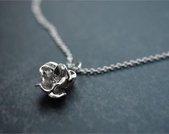 Magnolia Charm Pendant Necklace in Sterling Silver or Solid Gold