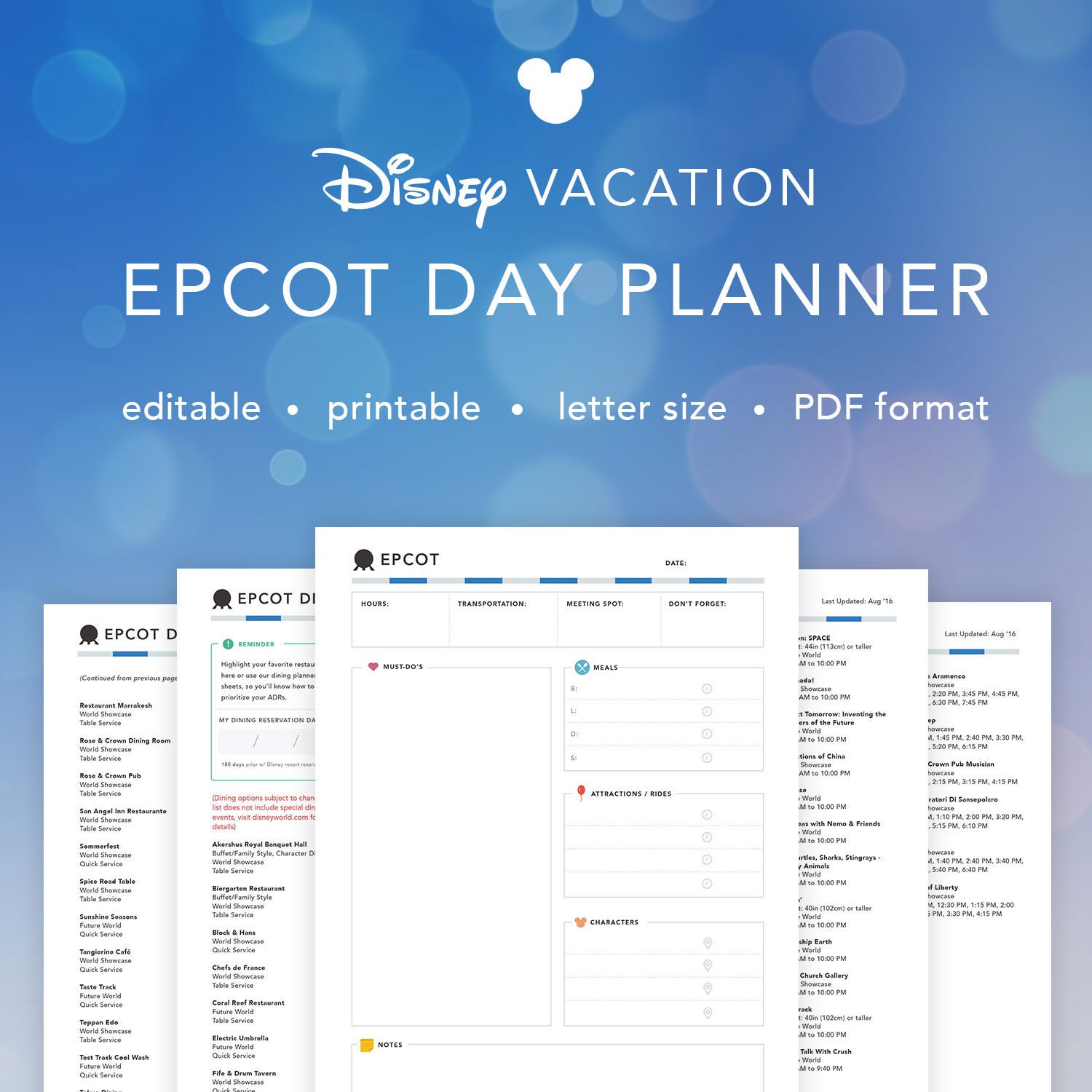 EDITABLE Disney Vacation Epcot Planner Daily Planning Sheet | Etsy