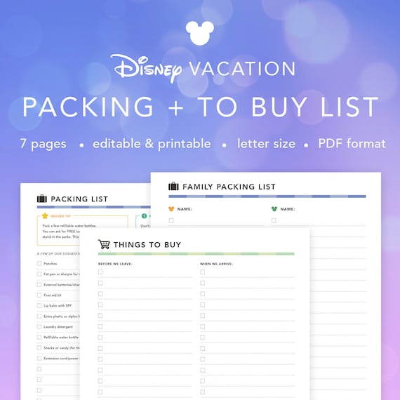 editable disney world vacation packing and things to buy list etsy vacation packing list pdf