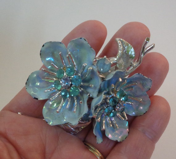 1940s Coro Silver Tone, Rhinestone, Enamel Floral… - image 1