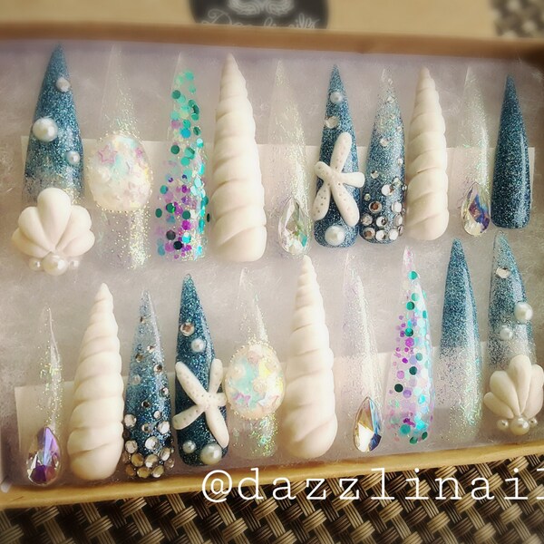 XL Stiletto 3D Shell art nails/Press on nails/False nails/Fake nails/Faux nails/Handmade artificial nails/Nail art