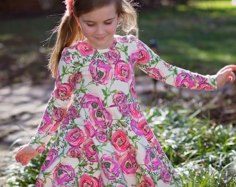 Girls Floral Roses Cotton Jersey Knit Twirl Dress in sizes 6 months to 12
