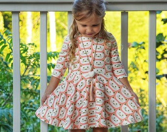Baby, Little Girls, and Tweens Pink Cat Twirl Dress in short, 3/4, or long sleeves