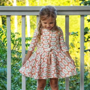 Baby, Little Girls, and Tweens Pink Cat Twirl Dress in short, 3/4, or long sleeves