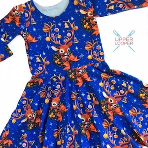 Girls Blue Vintage Reindeer Christmas Twirl Dress