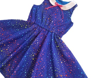Girls Rainbow Stars Blue Cotton Sleeveless Twirl Dress with Peter Pan Collar