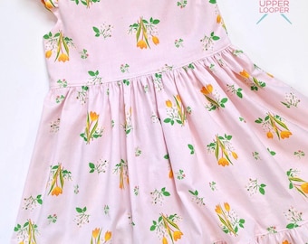 Girls Pink Floral Flutter Sleeve Cotton Dress for spring or summer