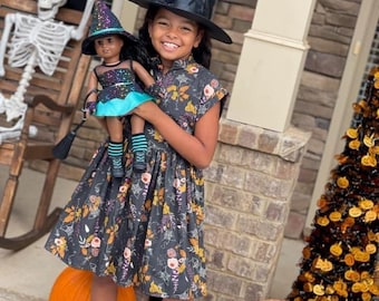 Little Girls Cobwebs and Floral Cotton Halloween Dress